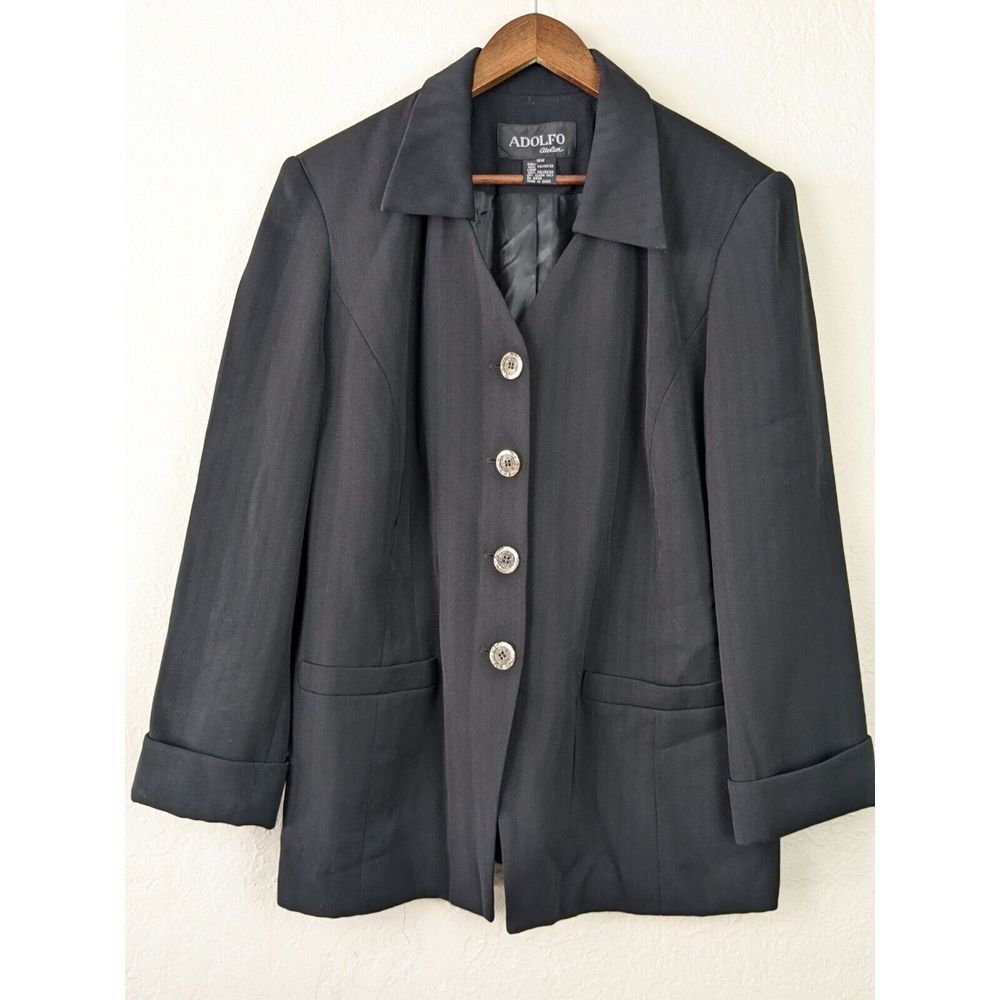 Y2K Adolfo Atelier Blazer 18W Black Plus Size Career Jacket Lined Button Front